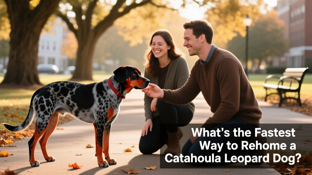 Two people meeting a Catahoula Leopard Dog at a quiet park during a supervised rehoming visit