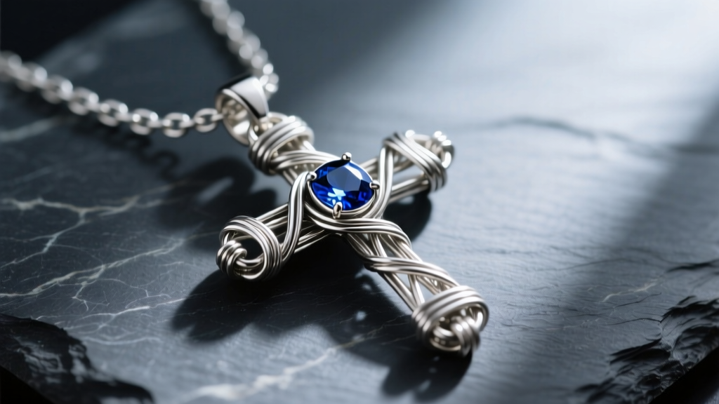 Close-up of a wire-wrapped cross pendant made from upcycled silver chains and a small sapphire, resting on a dark slate surface.