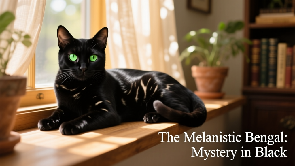 A relaxed black Bengal lounging on a sunlit windowsill, showcasing coat depth, eye color contrast, and calm, confident demeanor