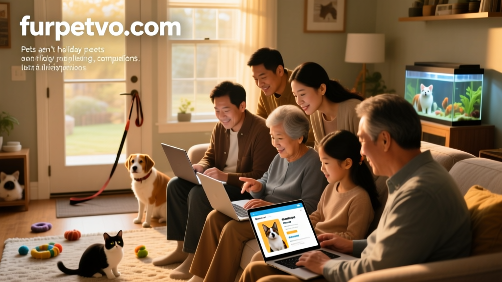 A diverse group of families browsing adoptable pets online at furpetvo.com, with warm lighting and relaxed expressions