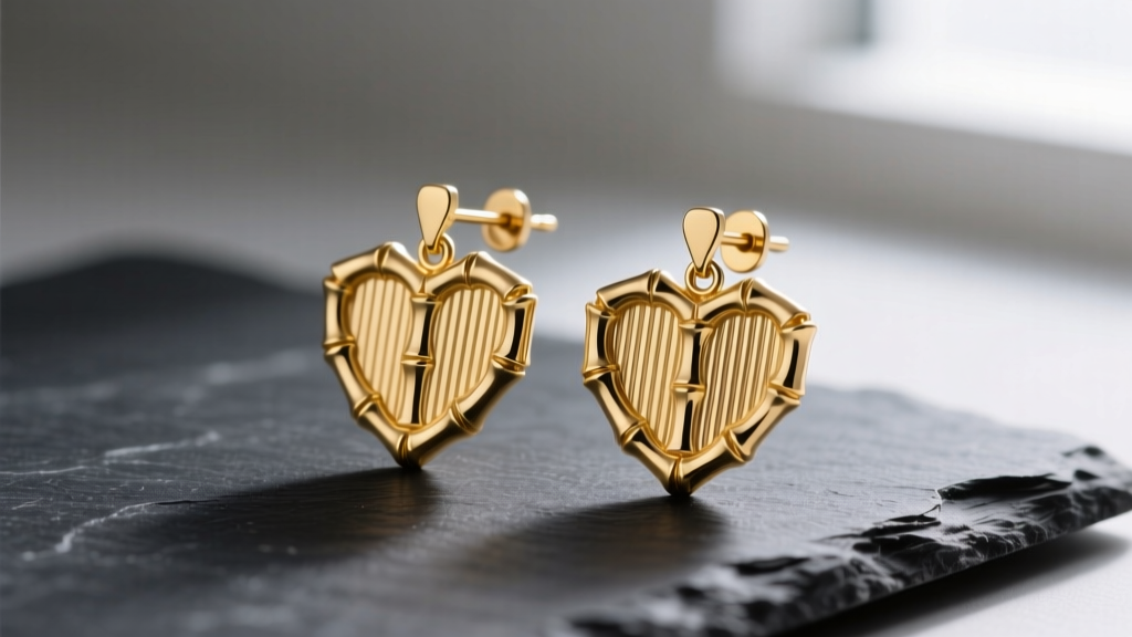 Macro shot of 14k gold vermeil bamboo heart earrings on dark slate, highlighting ribbed texture and a hinged latch-back clasp.