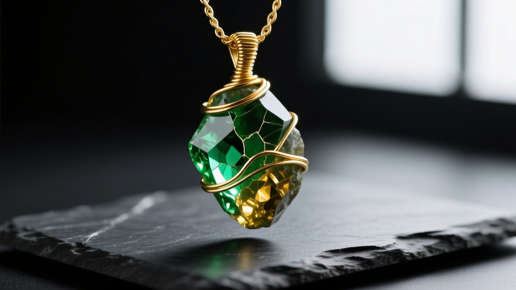 Macro shot of raw moldavite pendant wrapped in 24-gauge gold wire, resting on a dark slate gemological testing desk