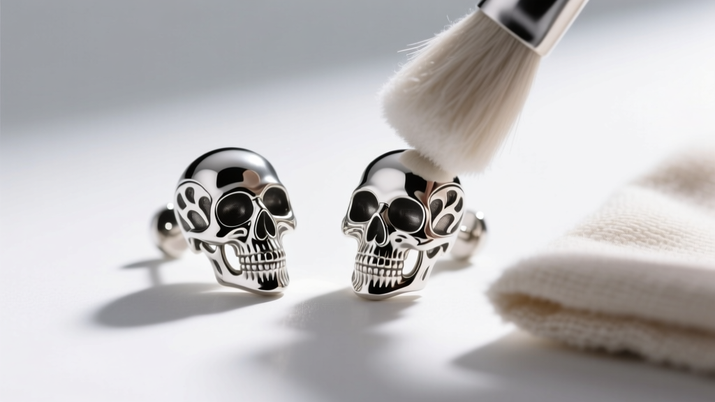 A pair of skull stud earrings being gently buffed on the high points with a specialized microfiber jewelry polishing cloth.