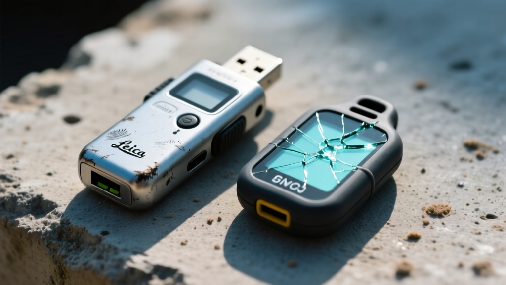Close-up of a scuffed USB voice recorder and a GPS tracker with a cracked silicone case resting on a concrete testing surface.