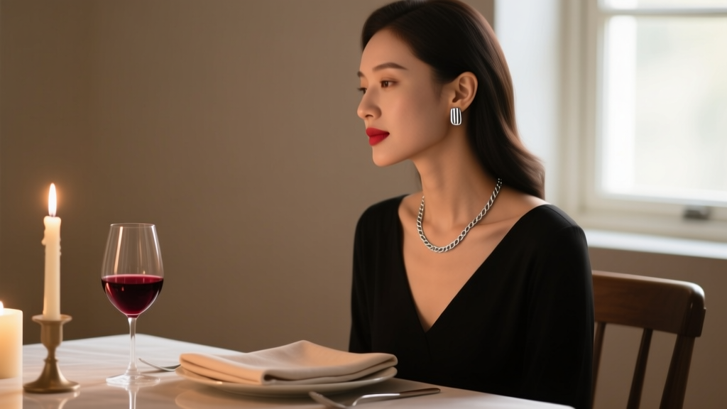 Woman wearing minimalist titanium threadless stud earrings and a delicate 18-inch chain, sitting across a candlelit dinner table