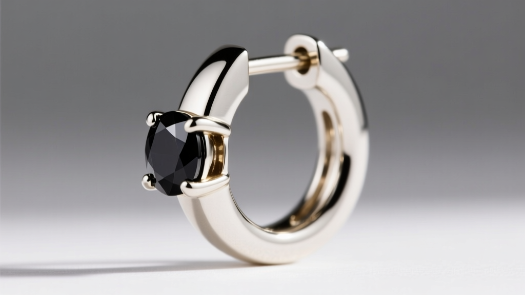 Side view of a 16-gauge white gold black spinel huggie on a cartilage piercing, highlighting the secure clicker closure mechanism.