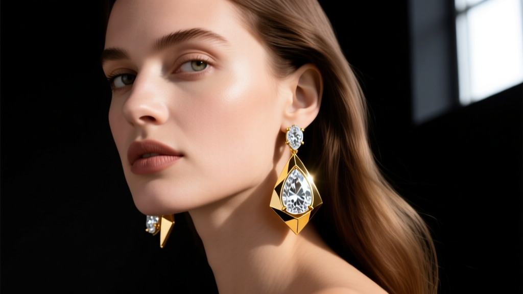 Model wearing asymmetric 18k gold statement earrings drop earrings with pear-cut lab diamonds against a moody dark studio backdrop