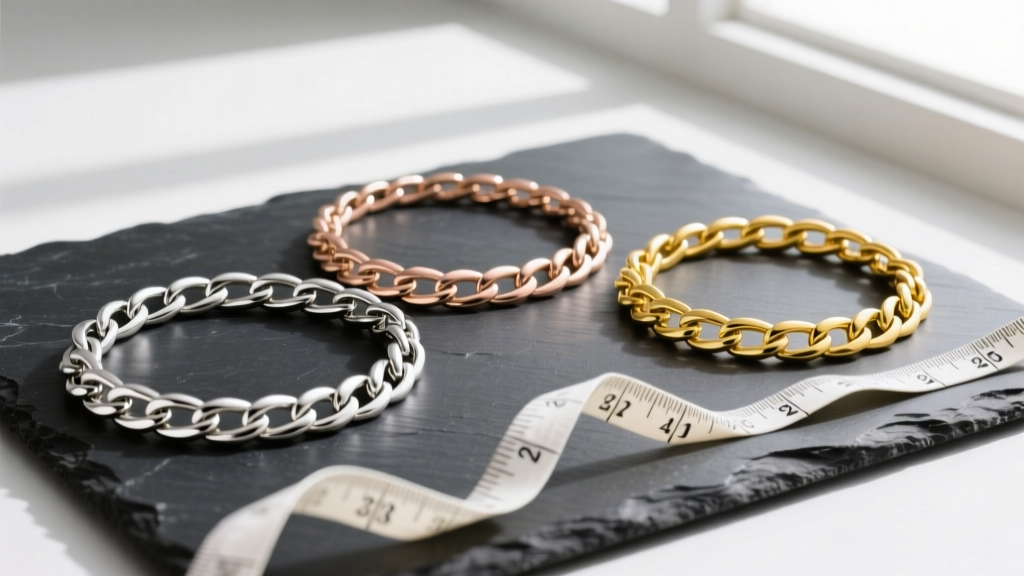 Flat lay of three chain choker necklaces in silver, rose, and yellow gold, arranged on dark slate next to a soft measuring tape