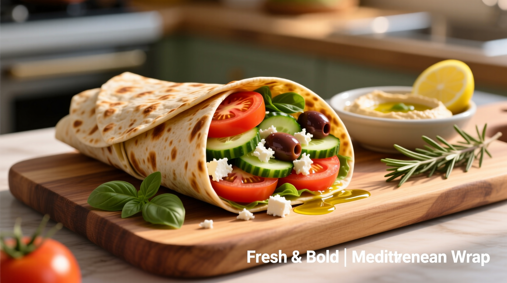 Fresh tomato wrap with Mediterranean fillings