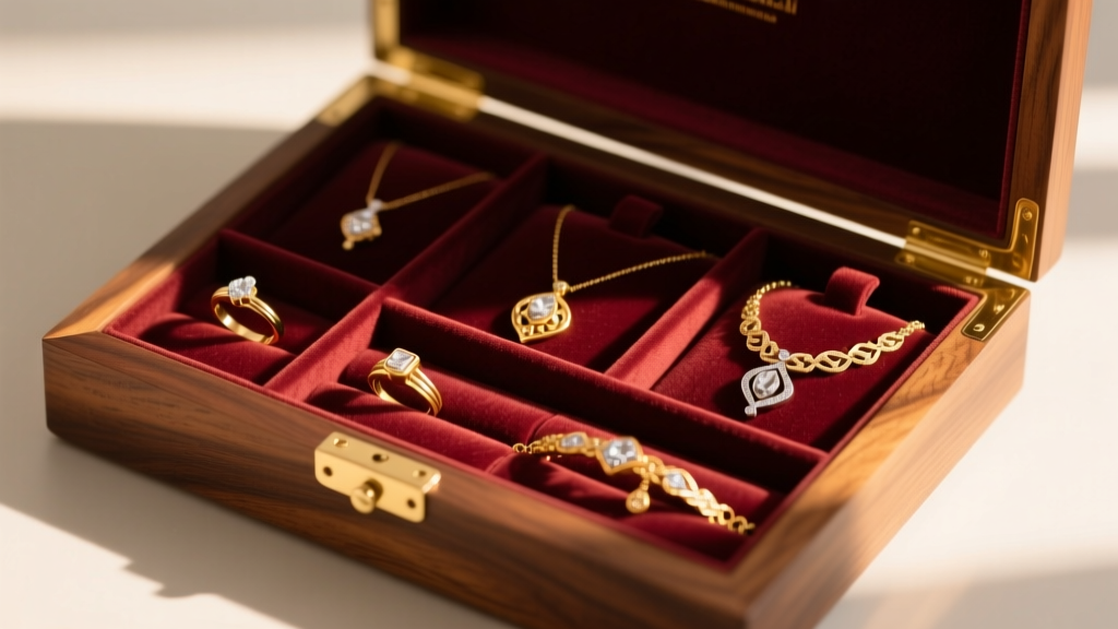 Wooden jewelry box with velvet compartments displaying separated 18k gold and platinum pieces to prevent scratches in warm light