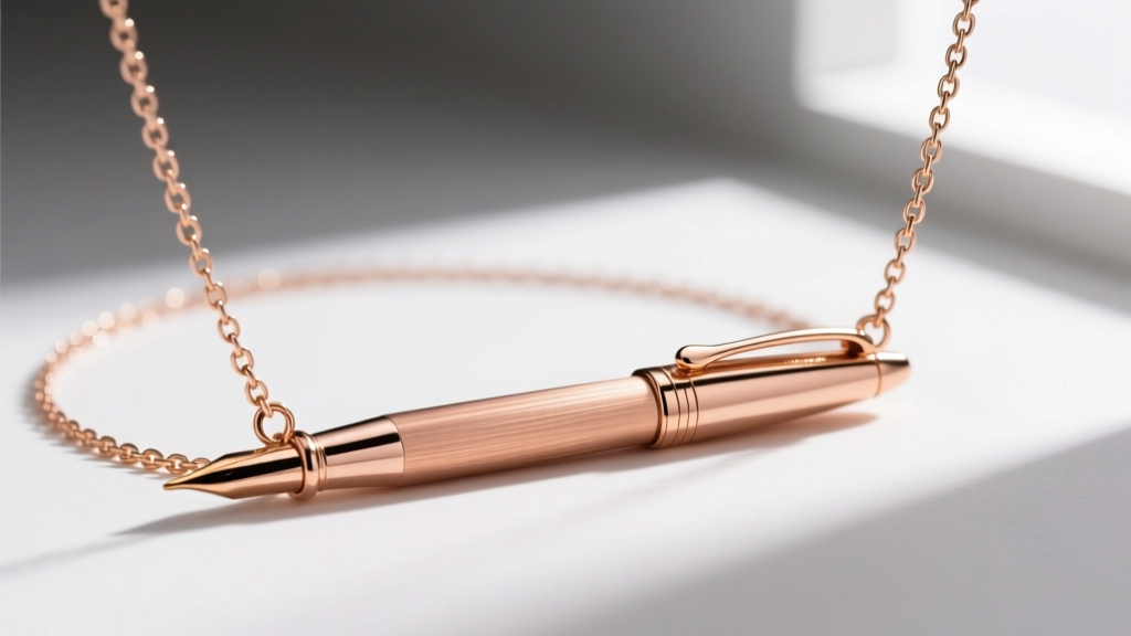 Close-up of a 14k rose gold pen necklace chain and clasp, showing jump ring soldering and brushed texture in natural daylight.