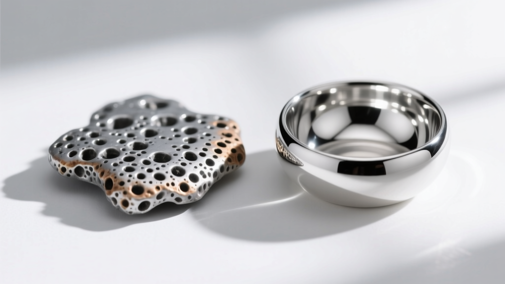 Macro comparison showing the porous surface of cheap zinc alloy next to the mirror-polished finish of solid 925 sterling silver