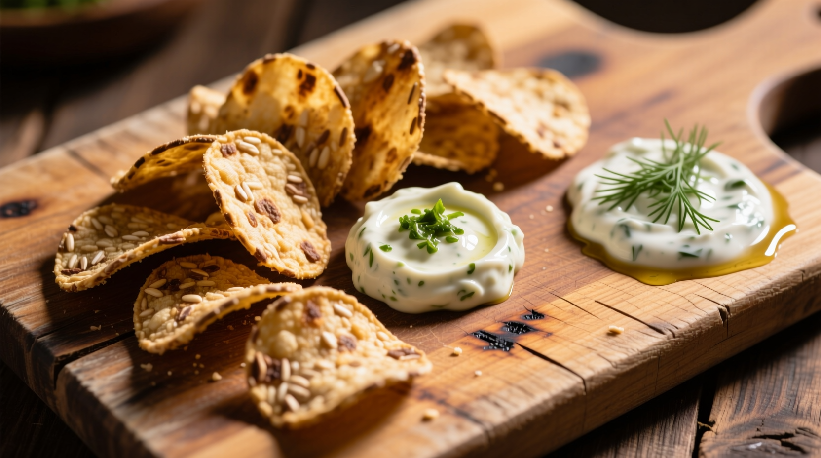 Homemade garlic rye chips on wooden board with dipping sauces