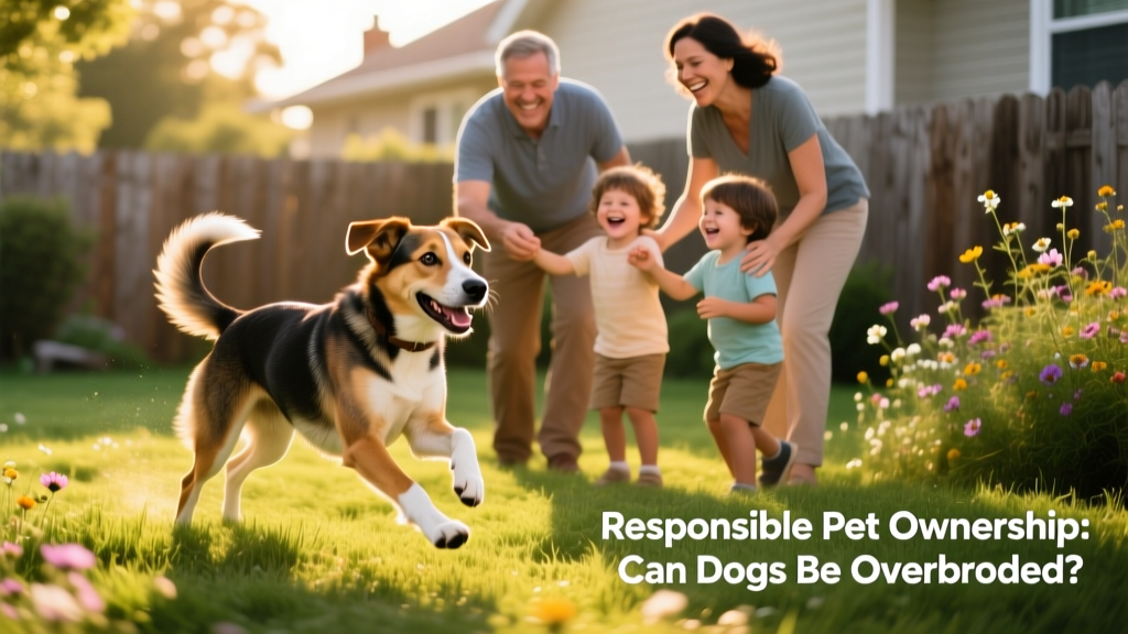Happy, healthy mixed-breed dog playing outdoors with family, illustrating vitality and joy of responsibly sourced pets