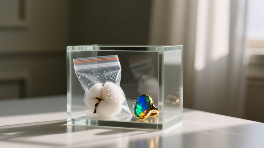 Airtight glass jewelry box containing a ziplock bag with a damp cotton ball and an Ethiopian opal ring, placed in a dimly lit room.