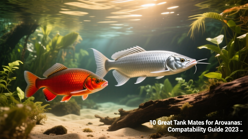 Red Belly Pacu swimming alongside a Silver Arowana in a massive, naturalistic aquascape