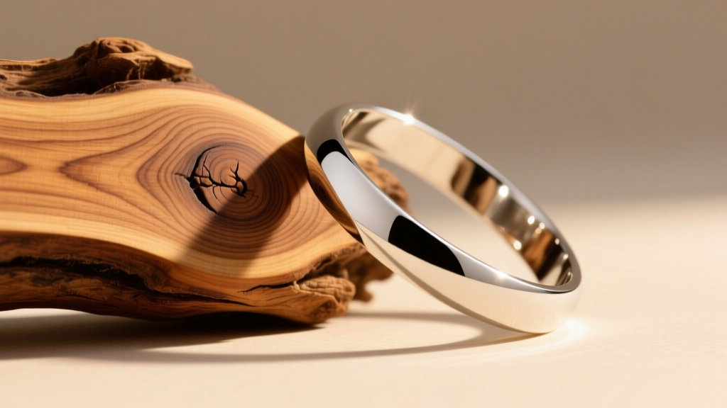 Macro shot of raw maple wood grain beside a polished silver bracelet, highlighting the dense smooth texture of the hardwood.