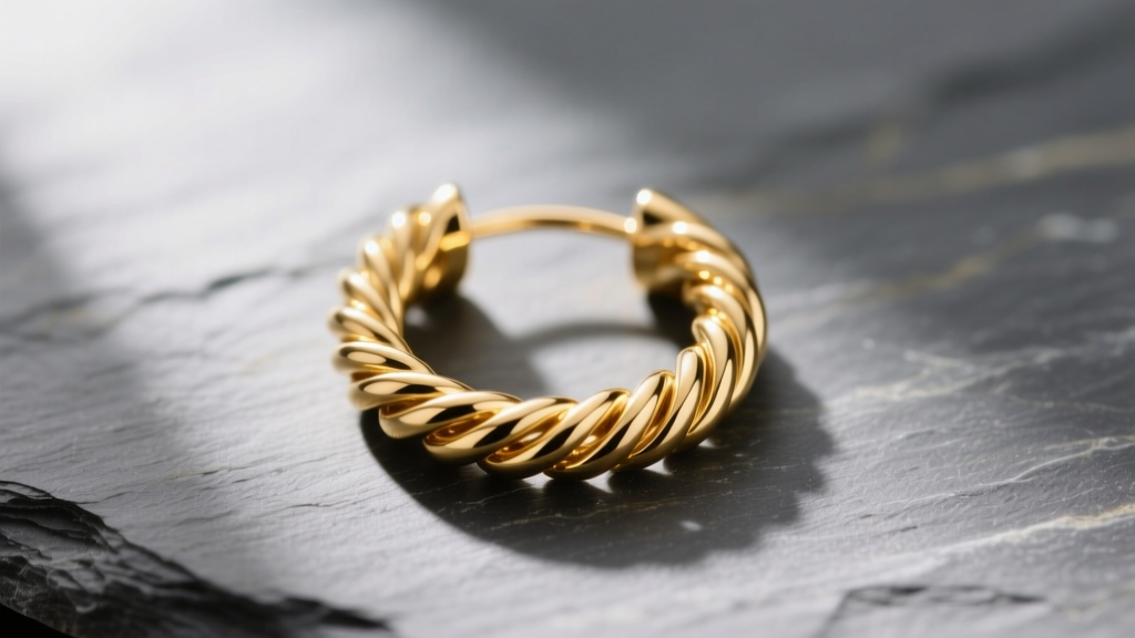 Macro photo of a 16-gauge 14k gold spiral hoop earring on slate, soft lighting highlighting the continuous twisted wire design.