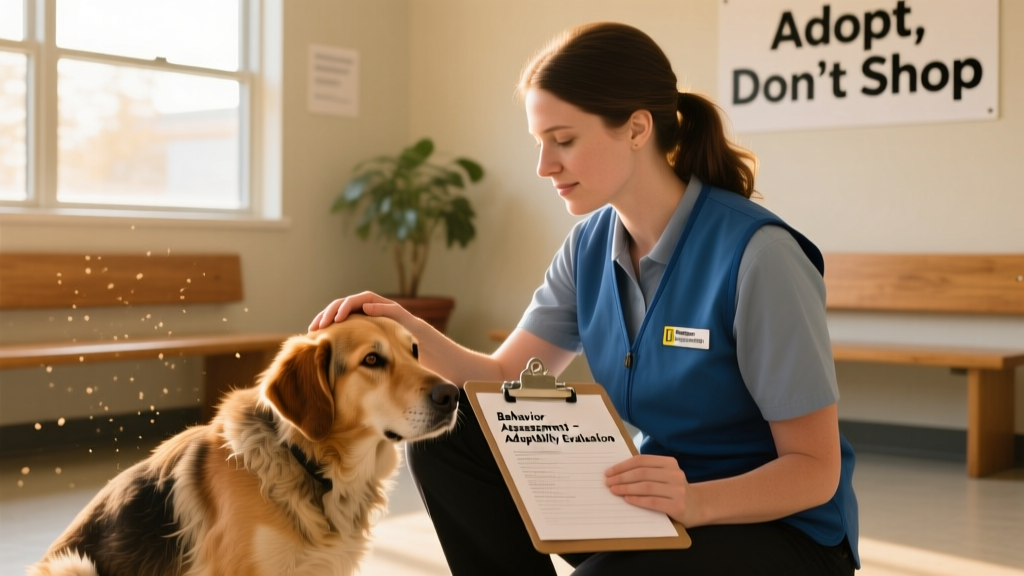 A calm shelter dog interacting gently with a staff member during a quiet observation session