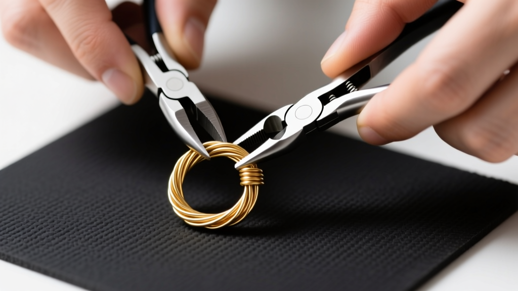 Close-up of hands using round-nose pliers to form a perfect wrapped loop on a piece of 20-gauge gold-filled wire on a dark mat