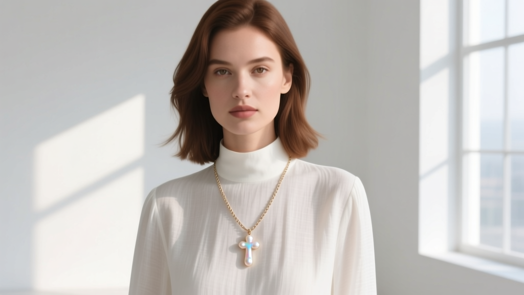 A woman wearing a delicate 16-inch cable chain with a small mother of pearl cross pendant, layered over a crisp white linen blouse.