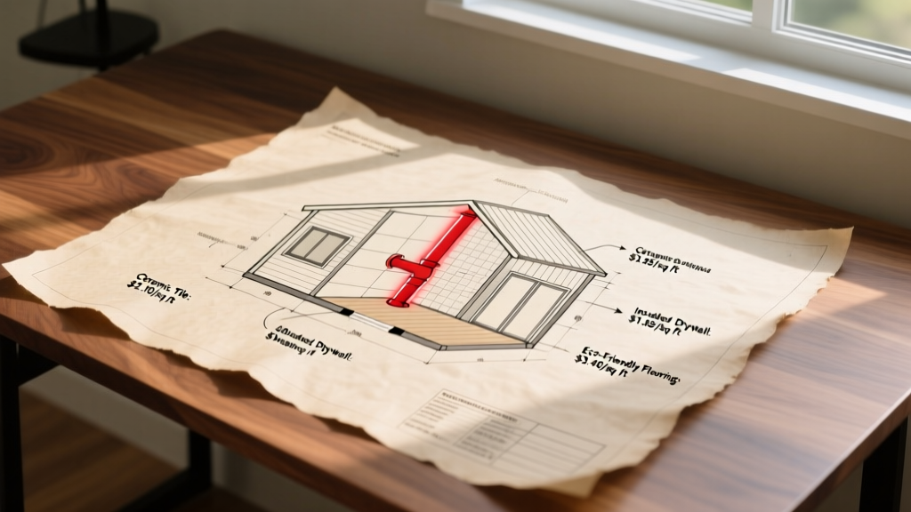 Architectural blueprint of a compact 400 square foot ADU with highlighted plumbing core and material cost annotations on a wooden desk