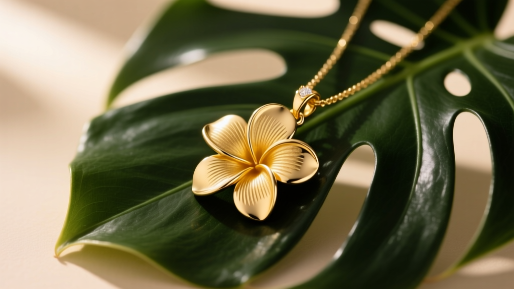14k yellow gold plumeria flower pendant resting on a dark green monstera leaf, soft sunlight highlighting textured metallic petals