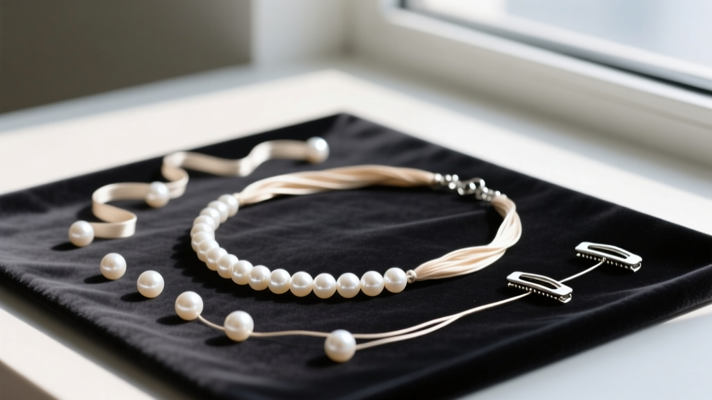 Loose white freshwater pearls, beige silk thread, and silver clasps arranged on a dark velvet mat for a DIY necklace project.