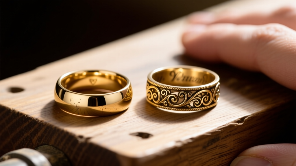Macro view comparing a modern cast ring beside a hand-engraved antique Victorian style jewelry gold band on a wooden workbench.