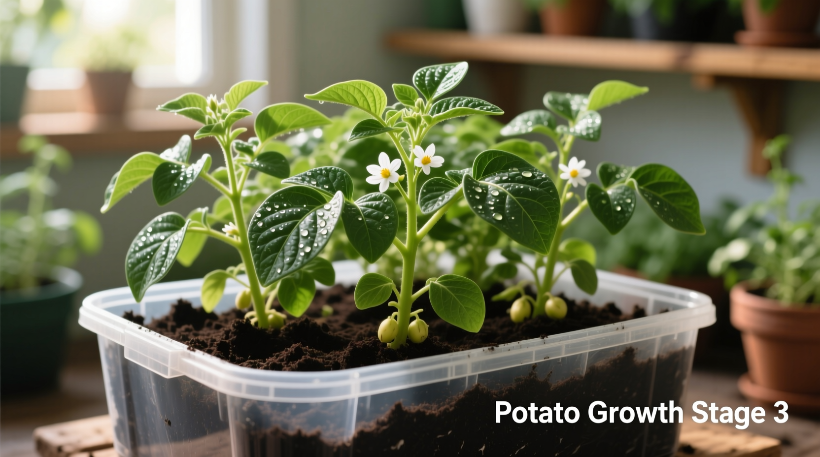 Container with growing potato plants showing healthy green foliage