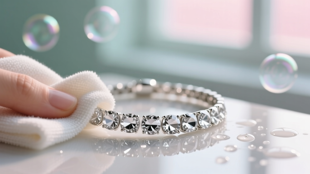 Microfiber cloth wiping a rhodium-plated silver crystal collar necklace, with mild soapy water in the blurred background