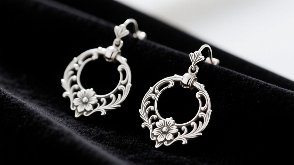 Ornate sterling silver door knocker earrings resting on dark velvet, highlighting intricate vintage engravings and a high polish.