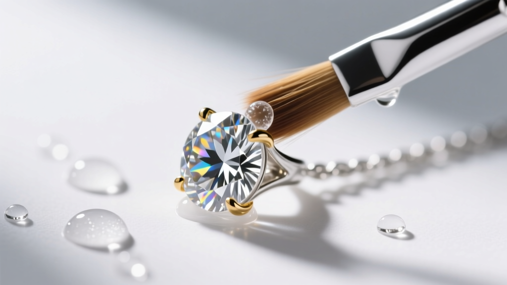 Macro shot of a diamond solitaire pendant prong setting being gently scrubbed with a soft-bristled brush and mild soapy water