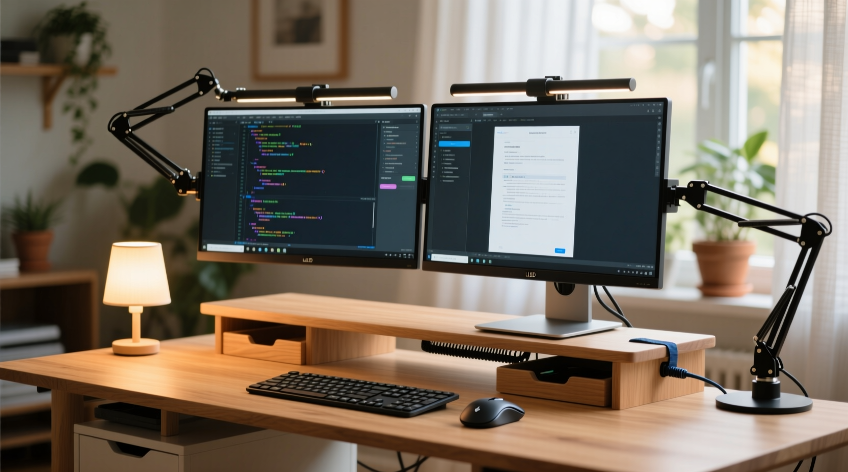 how to set up a dual monitor workspace on a budget desk