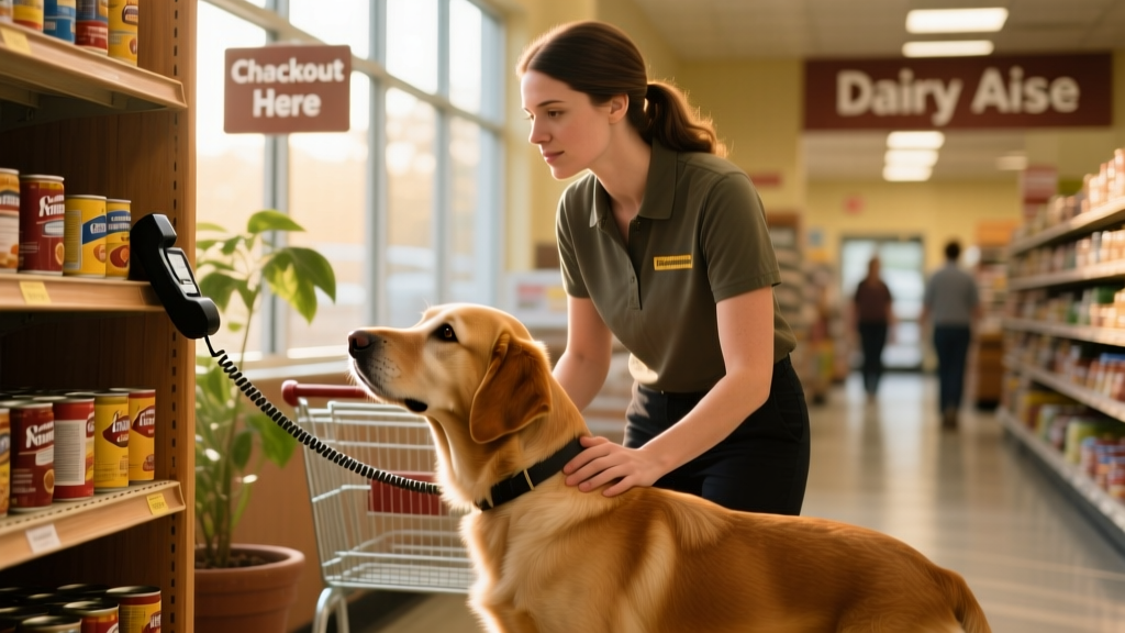 A trainer guiding a hearing dog and its new handler through a simulated grocery store environment