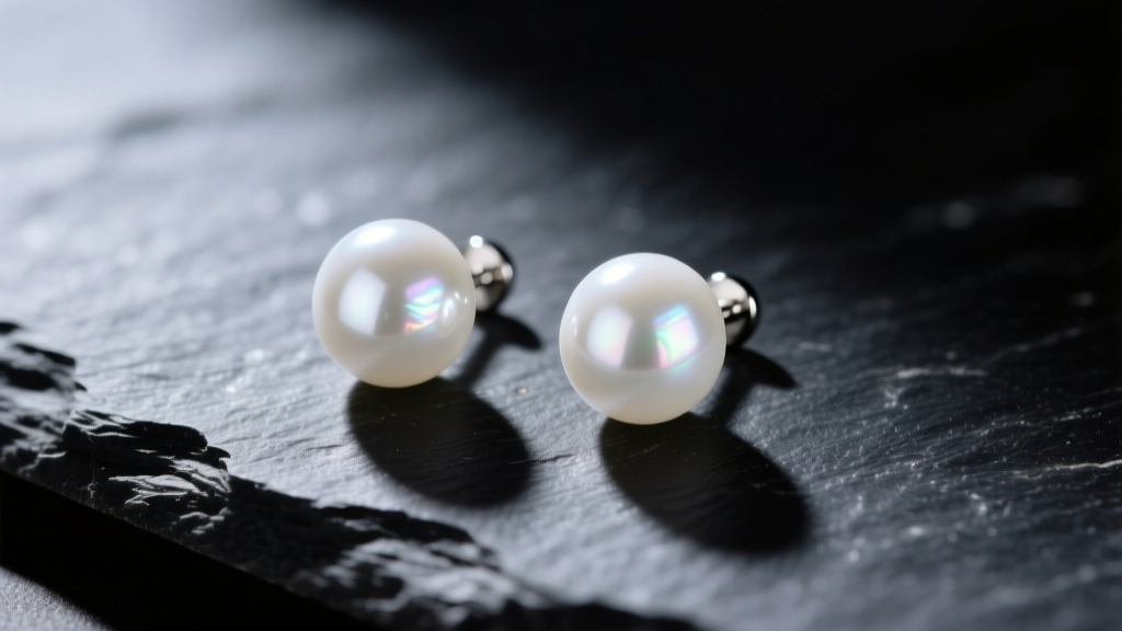 Close-up of 12mm white South Sea pearl studs on dark slate, showing mirror-like luster and thick nacre under soft directional lighting.