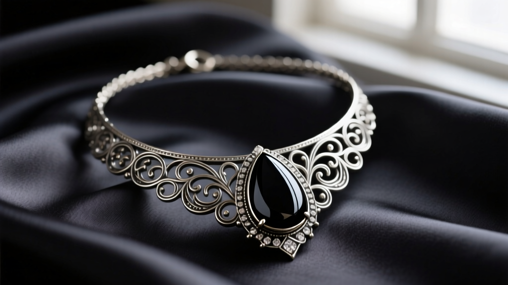 Close-up of a vintage Katherine TVD necklace with a teardrop black onyx stone in oxidized silver filigree on dark silk.