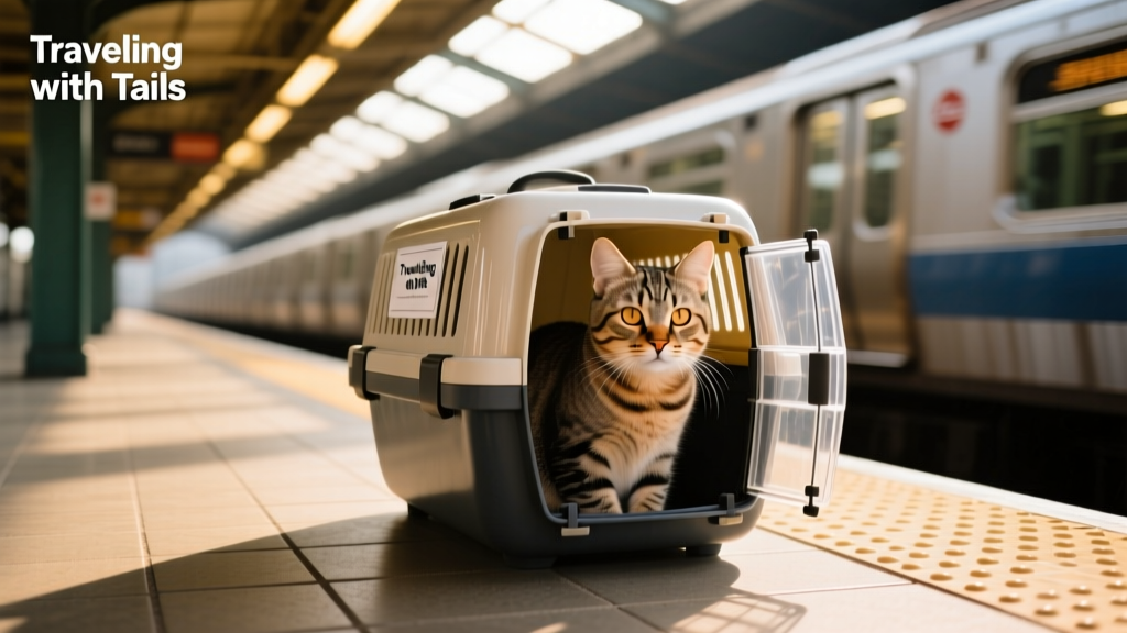 A calm cat inside a secure, hard-shell carrier on a quiet subway platform