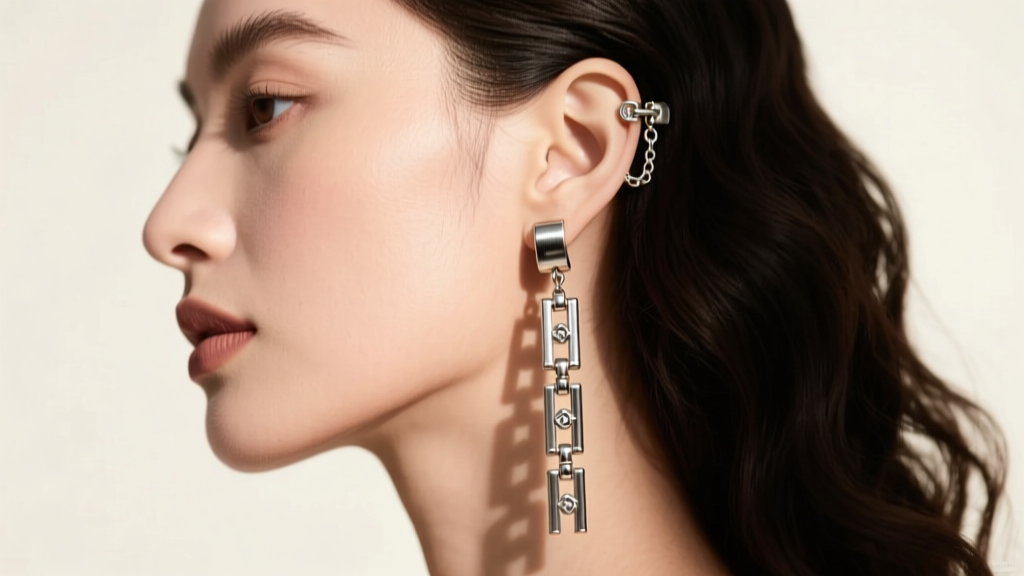 Side profile of a woman wearing long gunmetal chandelier earrings, showing how articulated joints distribute weight on the earlobe