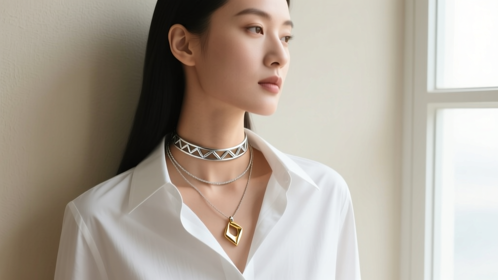 Side profile of a woman wearing a layered 16-inch choker and 20-inch pendant necklace over a crisp white button-down shirt