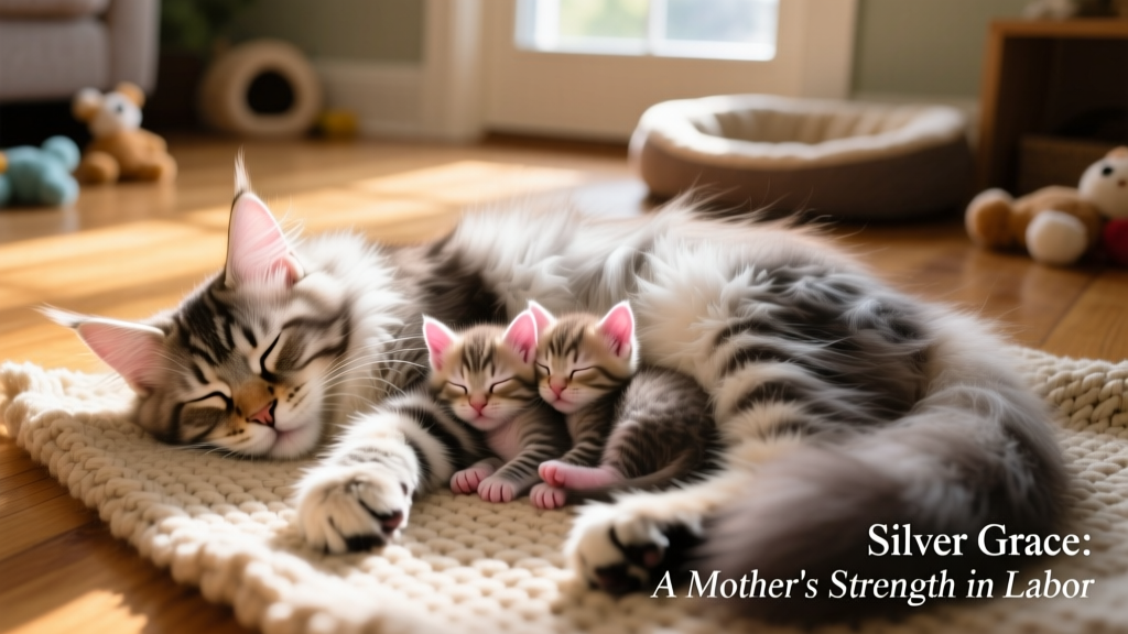 Newborn Maine Coon kittens nestled beside their relaxed, sleeping mother