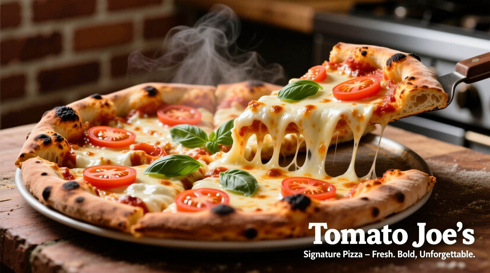 Tomato Joe's signature pizza with melted cheese