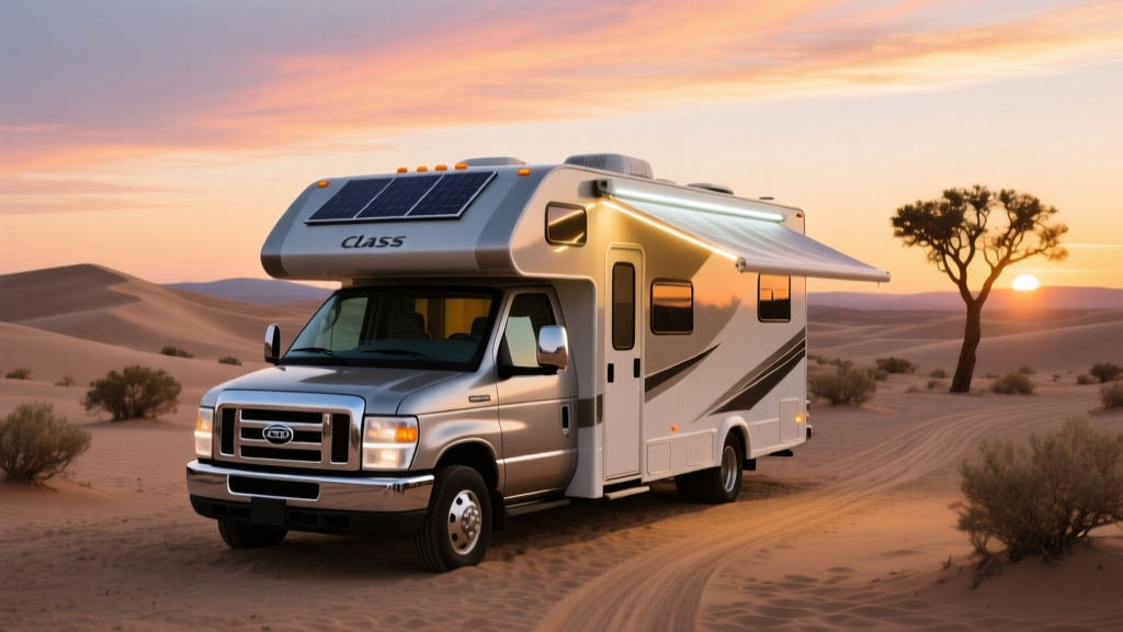 A modern Class C motorhome parked at a scenic desert campsite at sunset, with solar panels deployed on the roof and glowing smart LED awning lights.