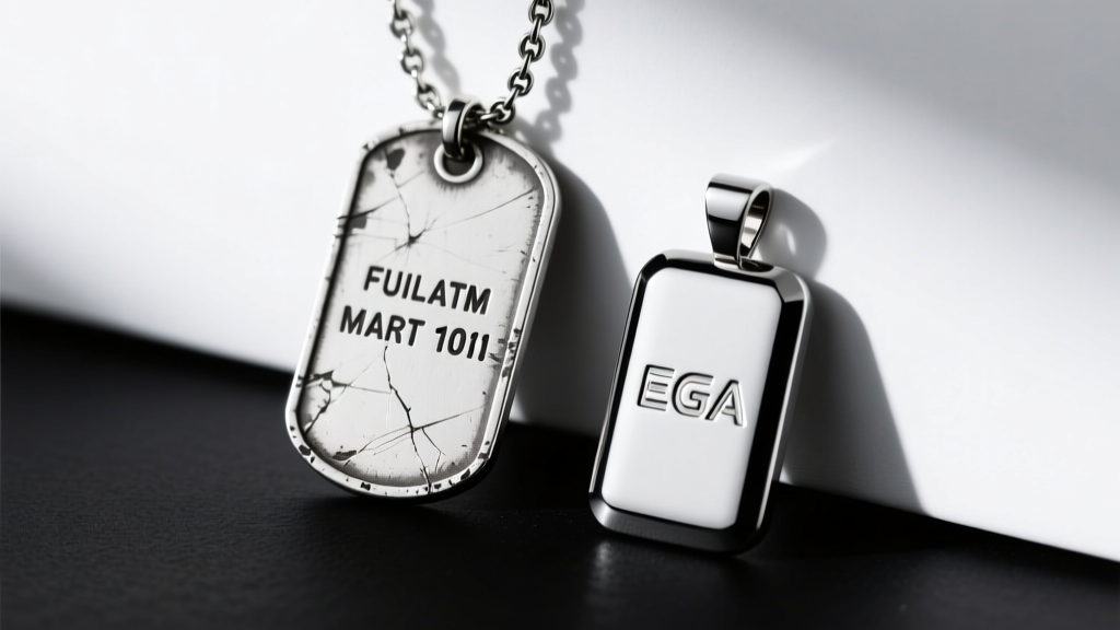 Macro photography comparing a scratched sterling silver military dog tag necklace next to a pristine tungsten carbide EGA pendant.