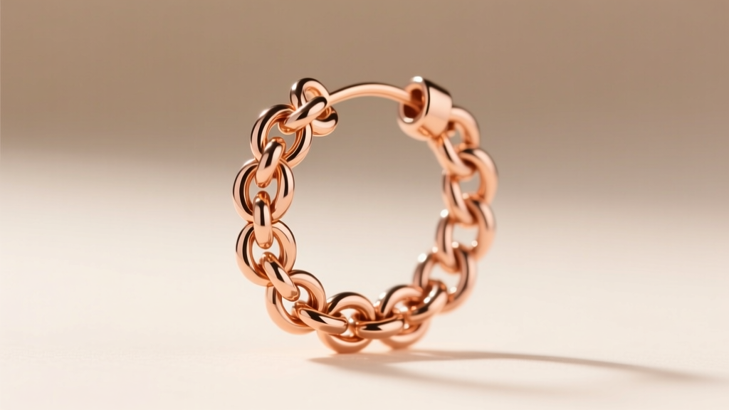 Macro photography of a rose gold Byzantine chain maille earring weave showing the interlocking jump ring pattern in sharp focus
