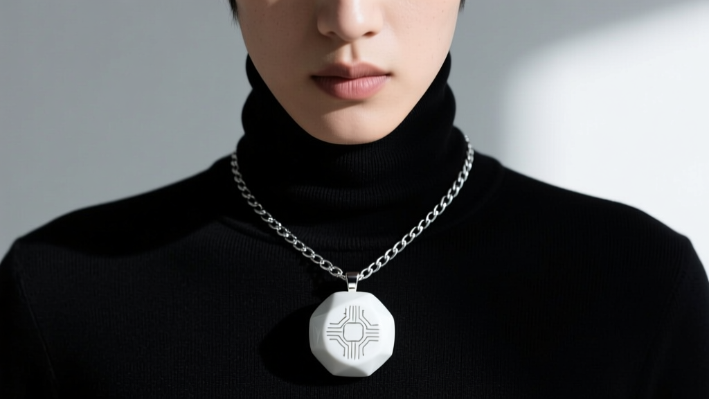 A person wearing a sleek white ceramic AI companion pendant on a 20-inch silver box chain against a black turtleneck sweater
