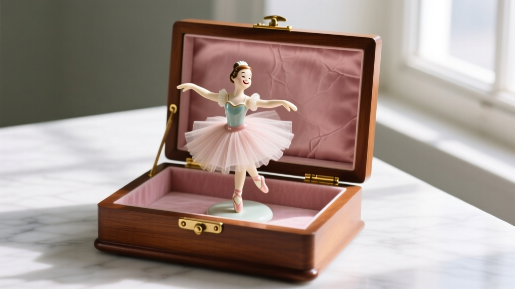 Open 1950s wooden ballerina jewelry box, spinning porcelain dancer, faded pink velvet, brass hinges, warm studio light.