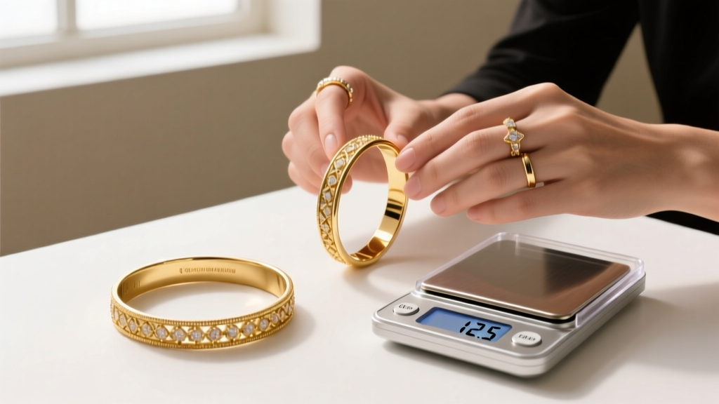 A digital jewelry scale displaying 12.5 grams next to a gold filled bangle bracelet and a jeweler