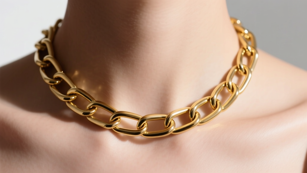Close-up of a 16-inch 14k yellow gold paperclip chain on a collarbone, highlighting the fluid drape and polished link reflections.