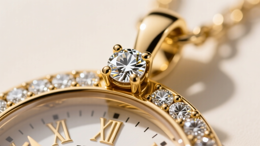 Macro shot of micro-pave diamond setting on gold rapper clock pendant bezel, showing precise prong work and VVS stone clarity